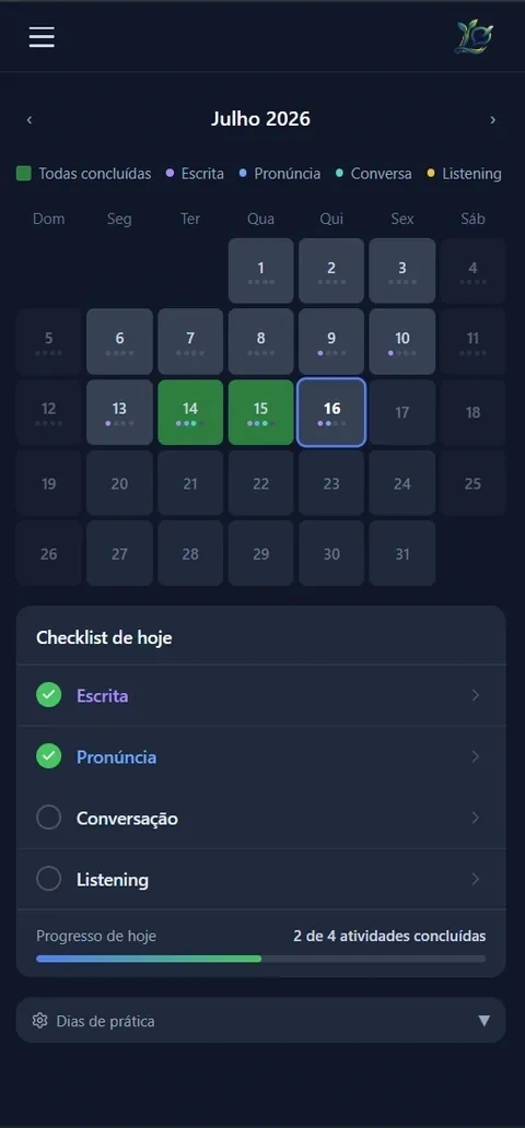 Calendário de estudos com os dias praticados